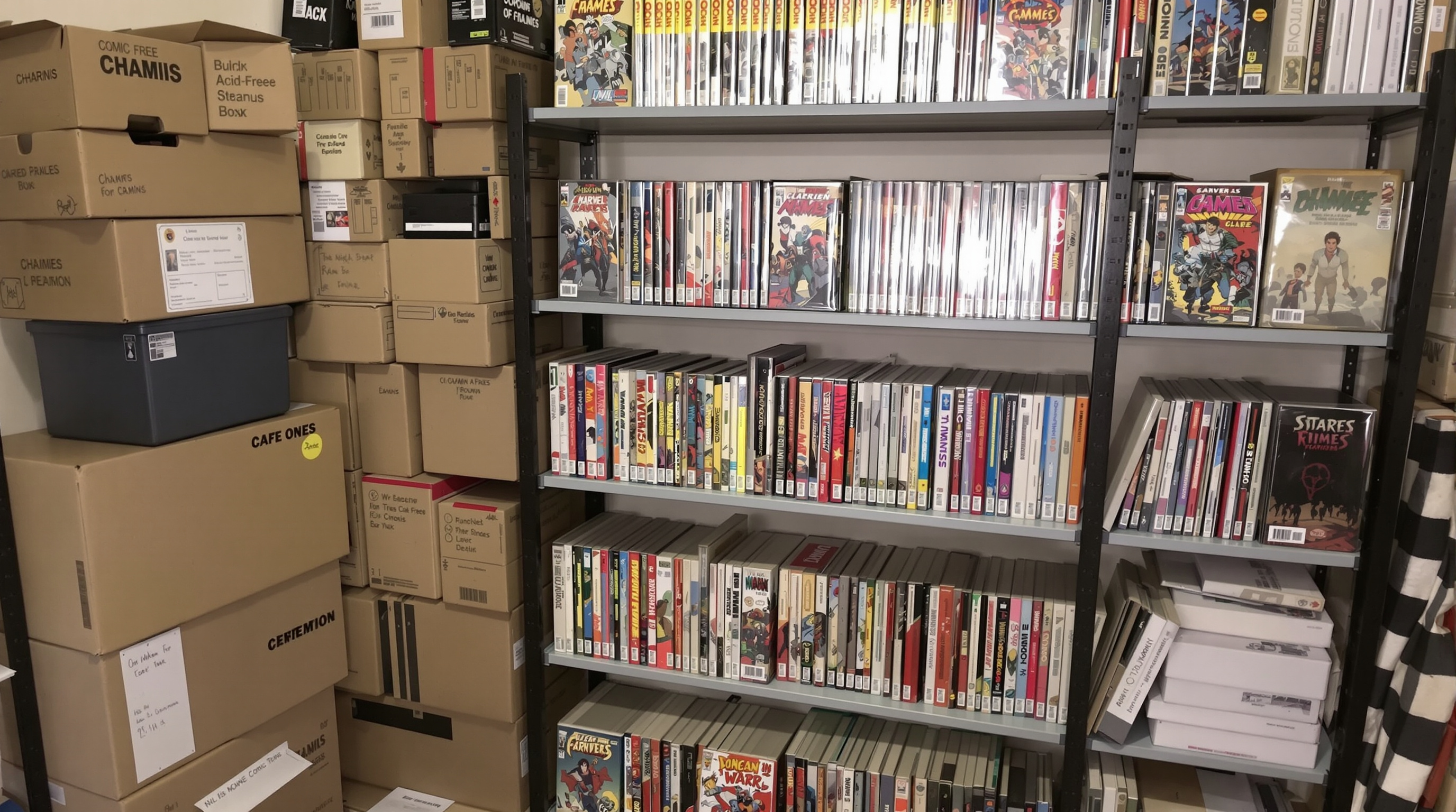 Organized comic book collection with proper storage boxes