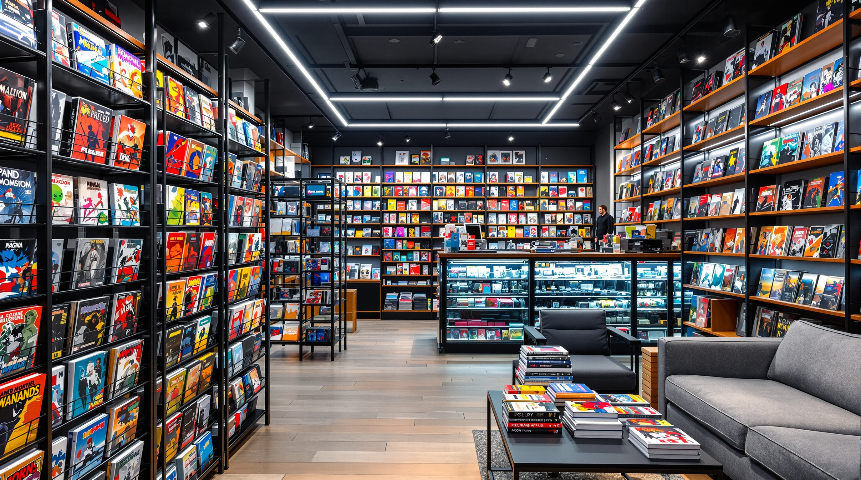 Modern comic book store with contemporary graphic novels