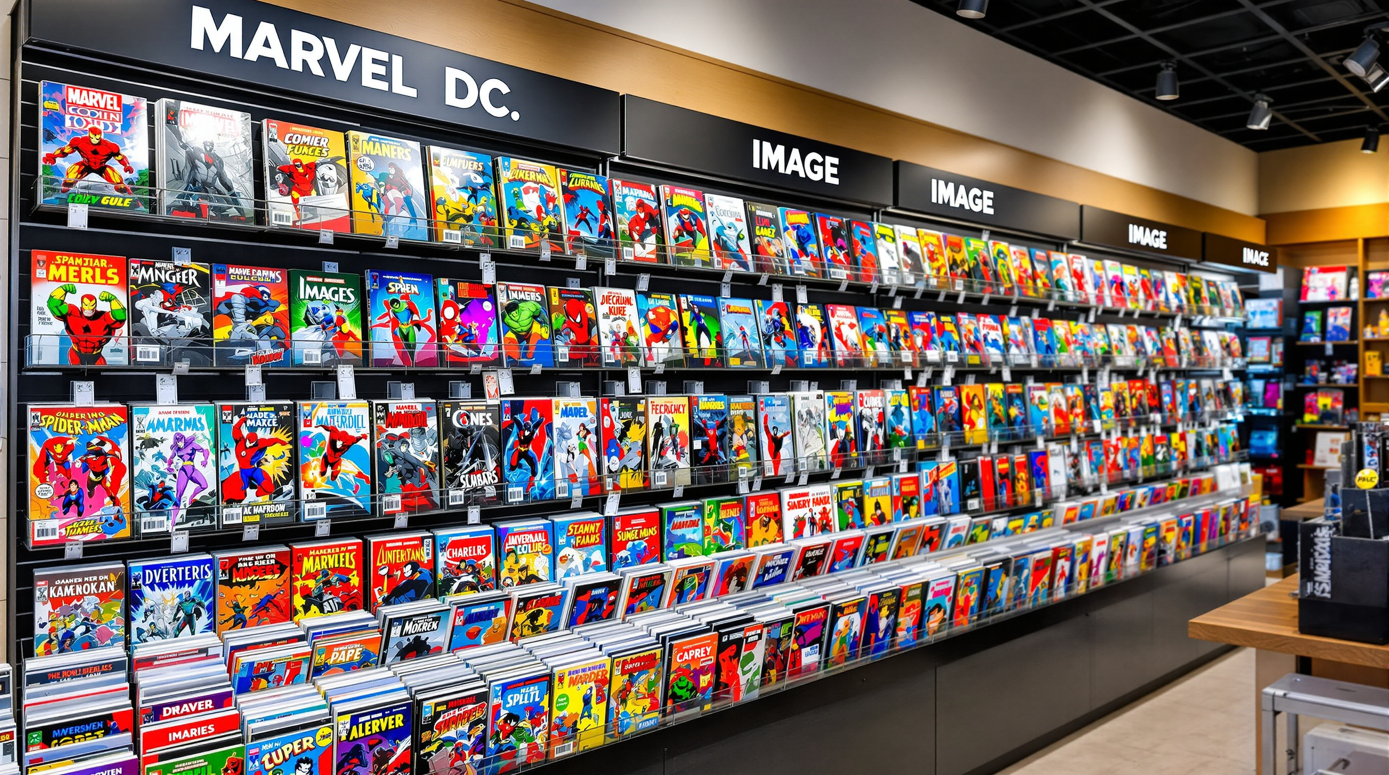 Comic store display organized by publisher