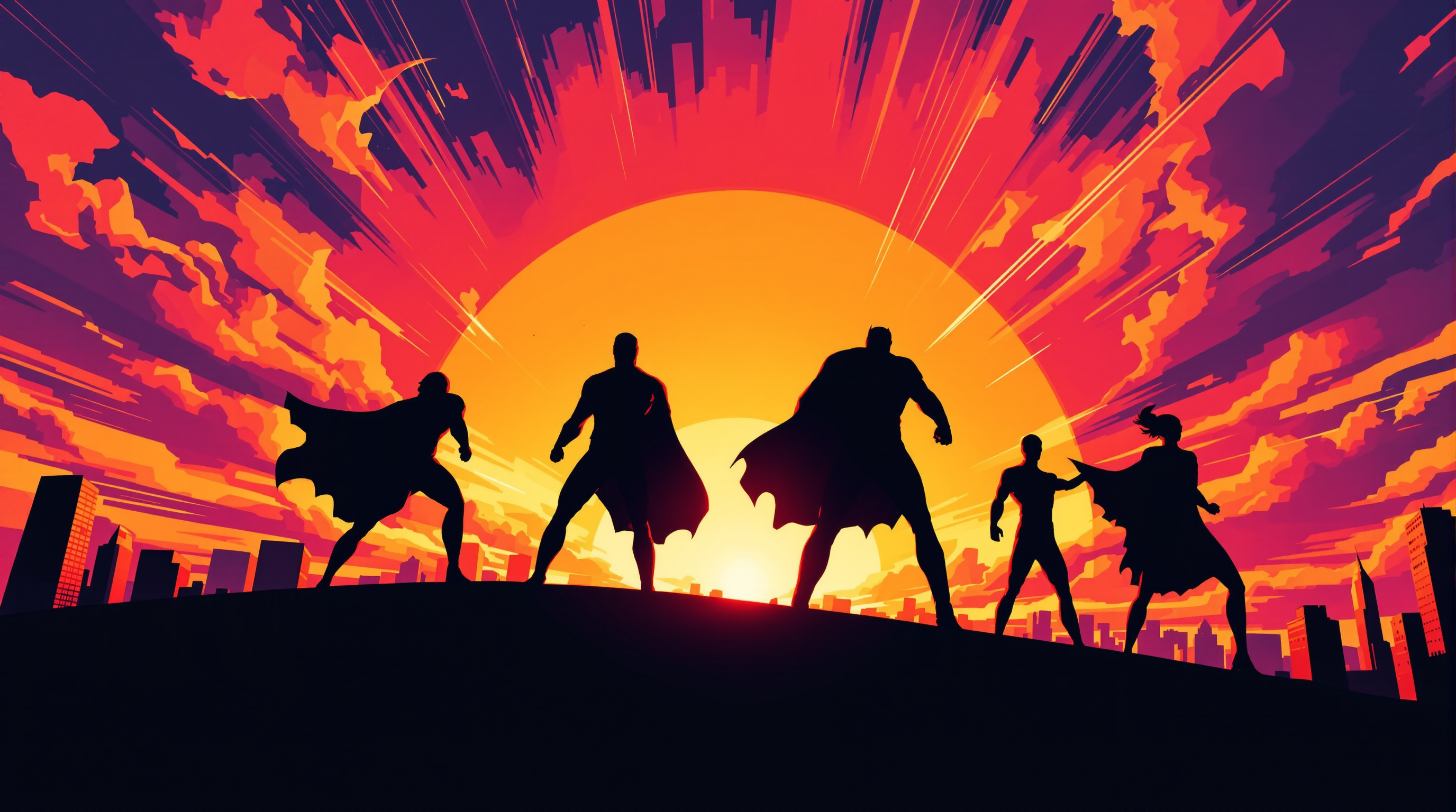 Dramatic superhero silhouettes against colorful sky